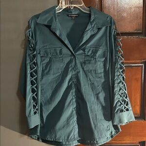 Sharagano Teal Button-Down Shirt with Lace-Up Sleeves